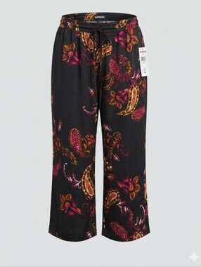 Rafaella Black Wide-Leg Pants with Pink & Gold Paisley Print XL NWT